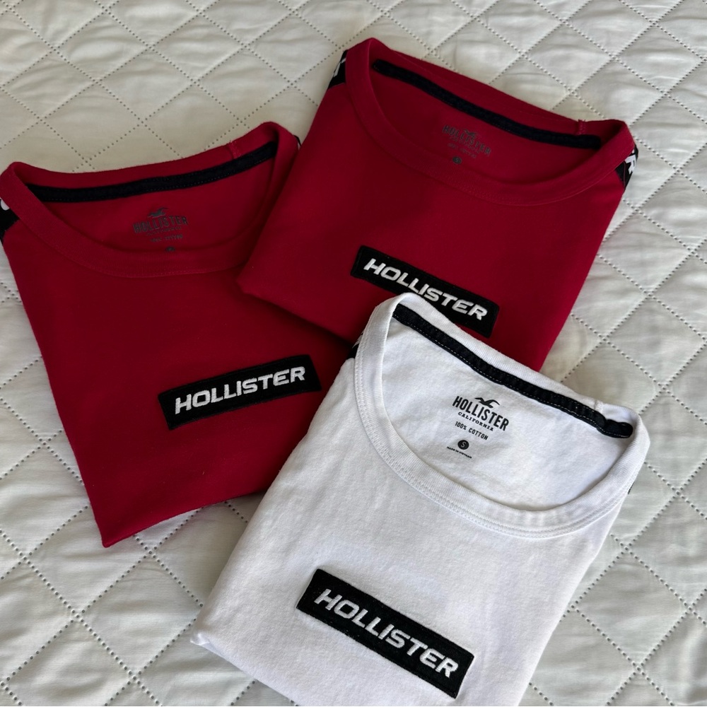 Set of 3 Hollister Logo Tape T-Shirts Mens S Red White Short Sleeve Graphic